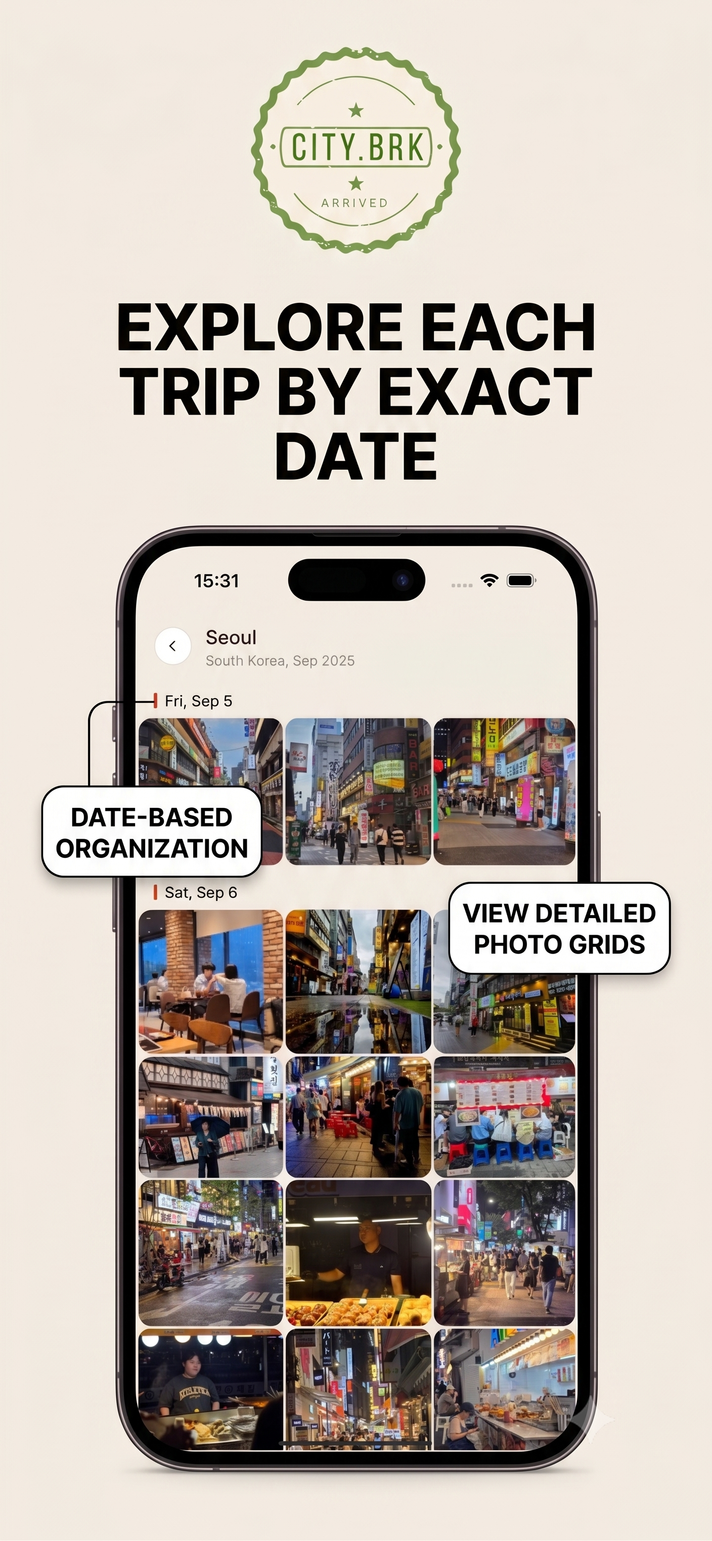 Citybrk day-by-day view — a photo grid of every moment from a single city day, time-stamped